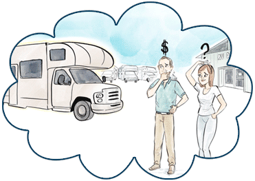 Cartoon picture of two people thinking about RV finance.